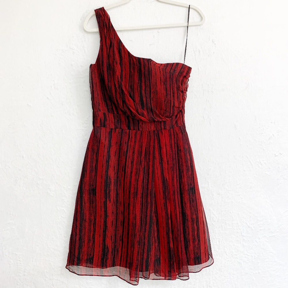 Hutch One Shoulder Silk Red & Black Abstract Cocktail Dress Sz 8